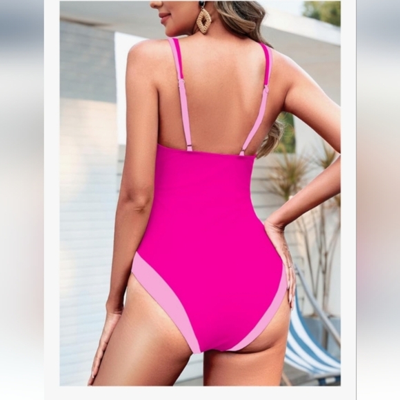Women 1 Piece Swimsuit Cutout High Waisted BathingSuitVNeckColor Block Size XL - Picture 9 of 9